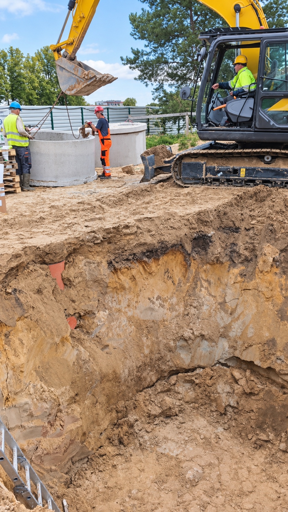 Installers and an excavator operator working together on utility construction