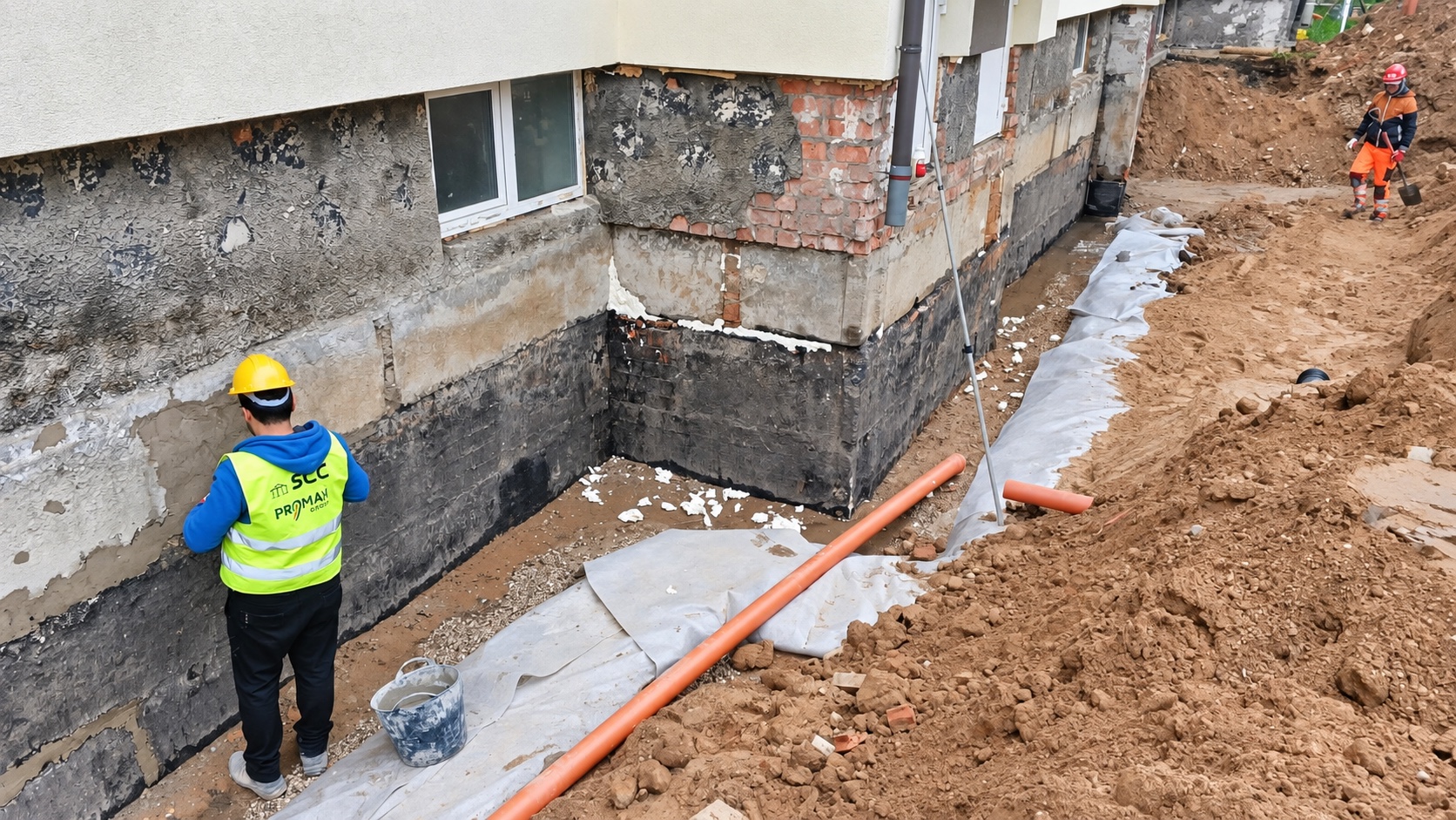 A worker in a hard hat treating a building’s foundation surface
